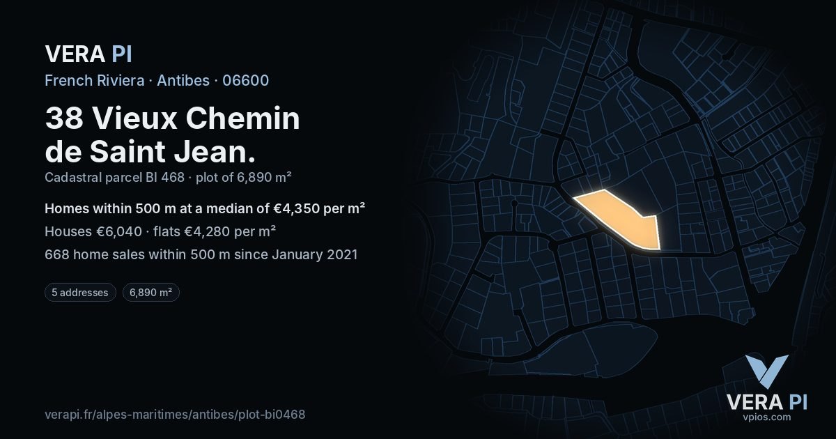 38 Vieux Chemin de Saint Jean, Antibes at night – the plot lit, the parcels around coloured by the prices near them