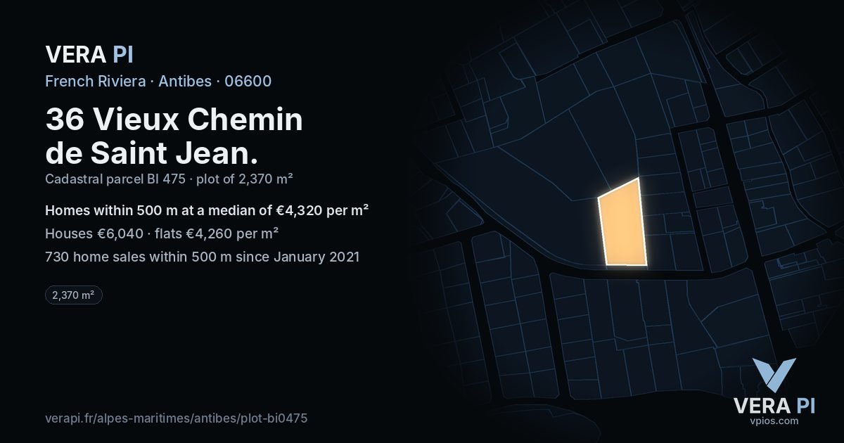 36 Vieux Chemin de Saint Jean, Antibes at night – the plot lit, the parcels around coloured by the prices near them
