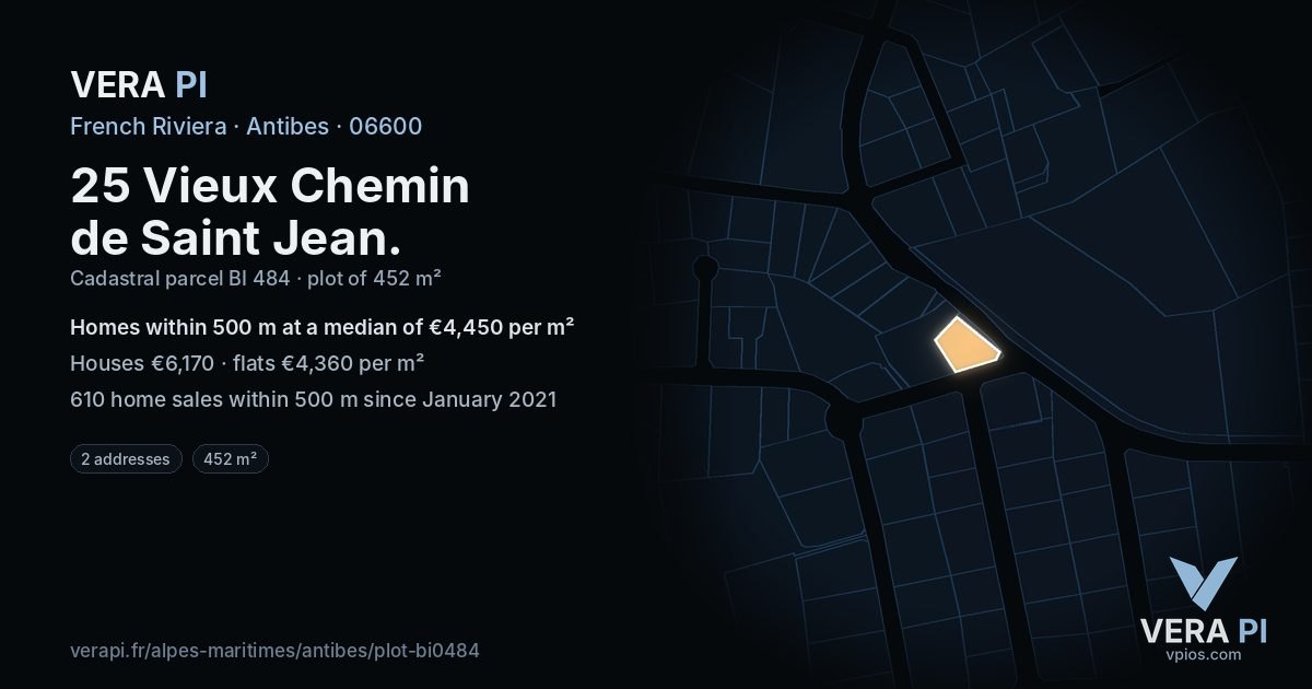 25 Vieux Chemin de Saint Jean, Antibes at night – the plot lit, the parcels around coloured by the prices near them