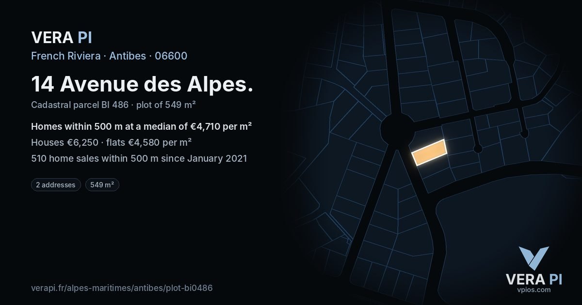 14 Avenue des Alpes, Antibes at night – the plot lit, the parcels around coloured by the prices near them