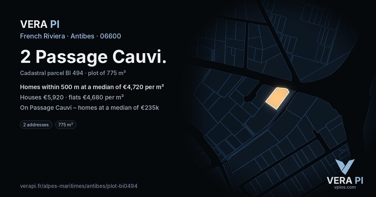 2 Passage Cauvi, Antibes at night – the plot lit, the parcels around coloured by the prices near them