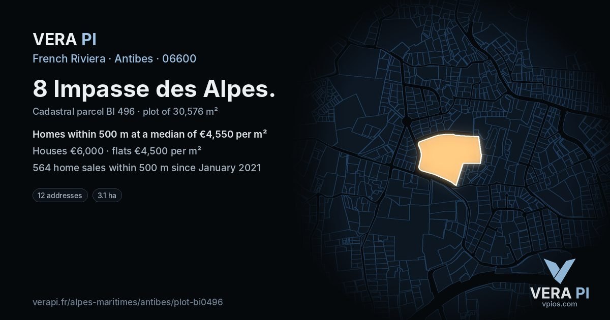 8 Impasse des Alpes, Antibes at night – the plot lit, the parcels around coloured by the prices near them