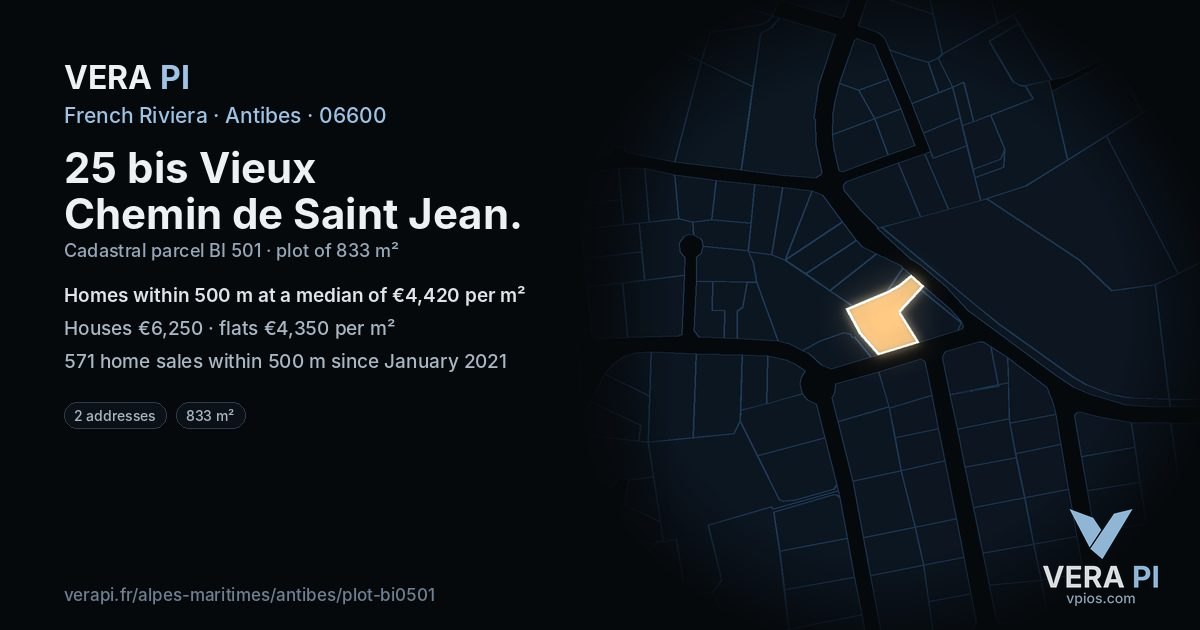 25 bis Vieux Chemin de Saint Jean, Antibes at night – the plot lit, the parcels around coloured by the prices near them