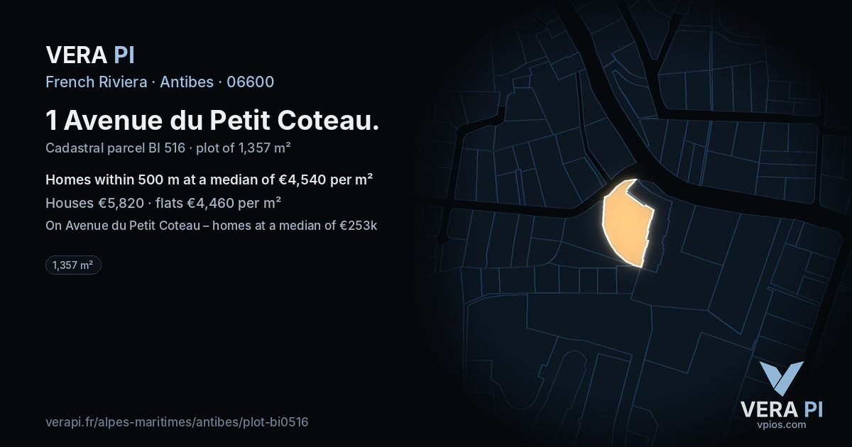 1 Avenue du Petit Coteau, Antibes at night – the plot lit, the parcels around coloured by the prices near them