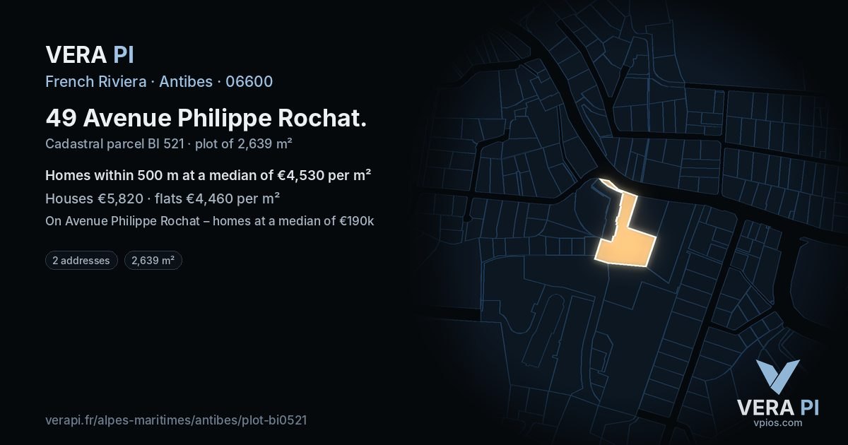 49 Avenue Philippe Rochat, Antibes at night – the plot lit, the parcels around coloured by the prices near them
