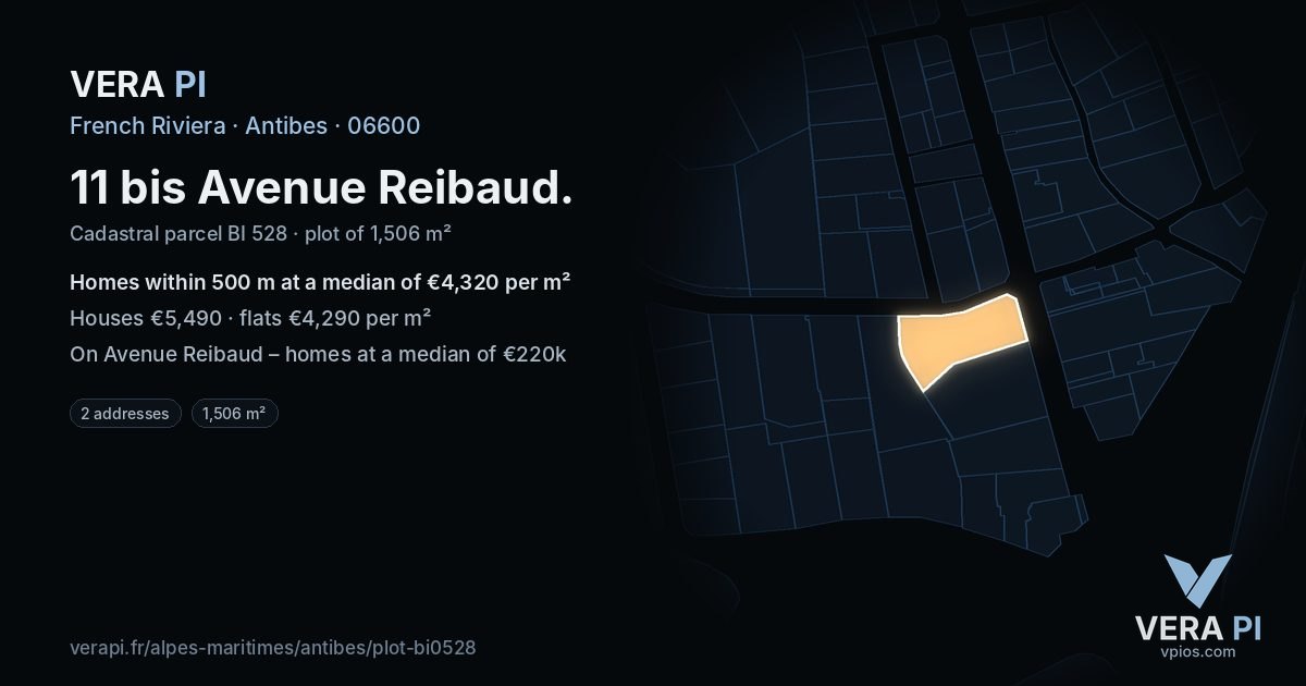 11 bis Avenue Reibaud, Antibes at night – the plot lit, the parcels around coloured by the prices near them