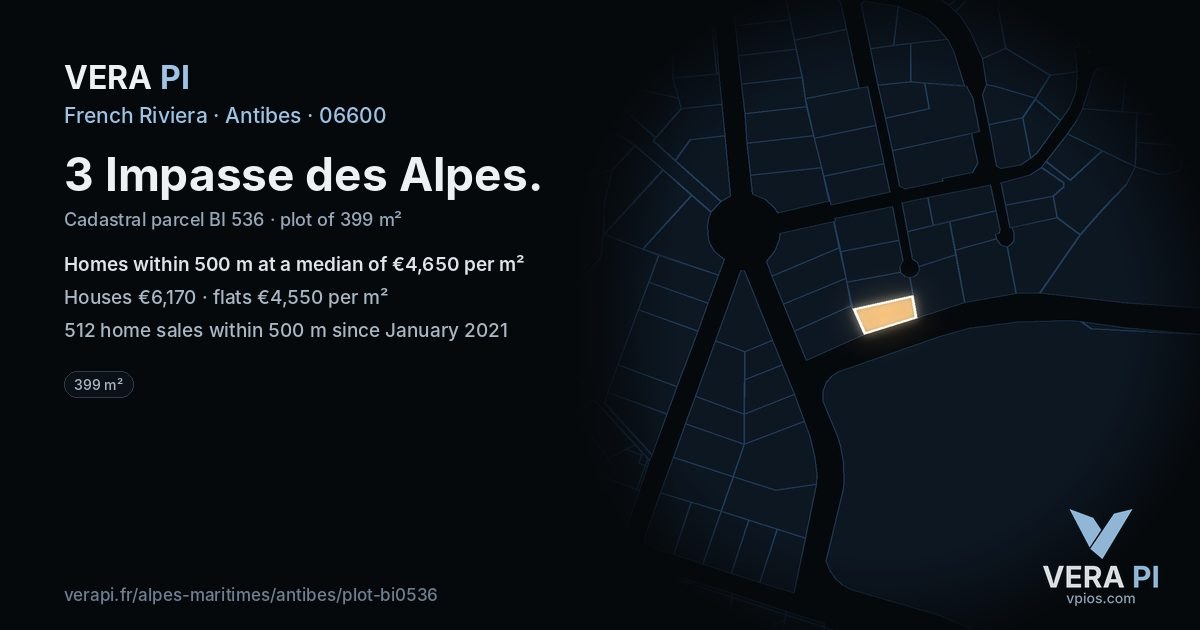 3 Impasse des Alpes, Antibes at night – the plot lit, the parcels around coloured by the prices near them