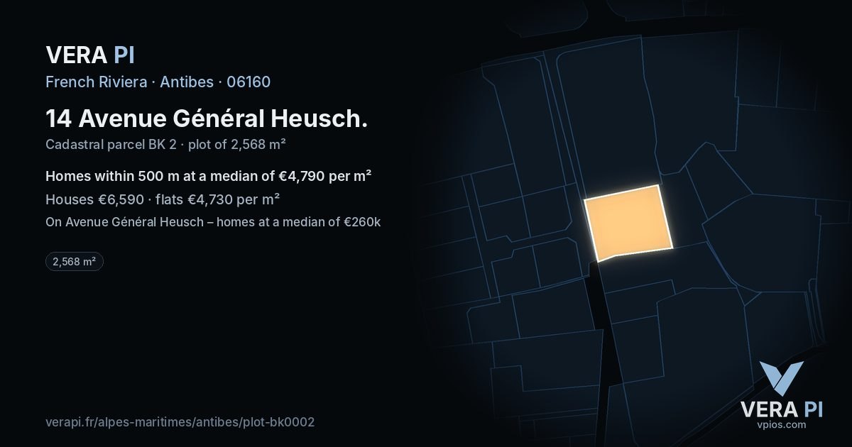 14 Avenue Général Heusch, Antibes at night – the plot lit, the parcels around coloured by the prices near them