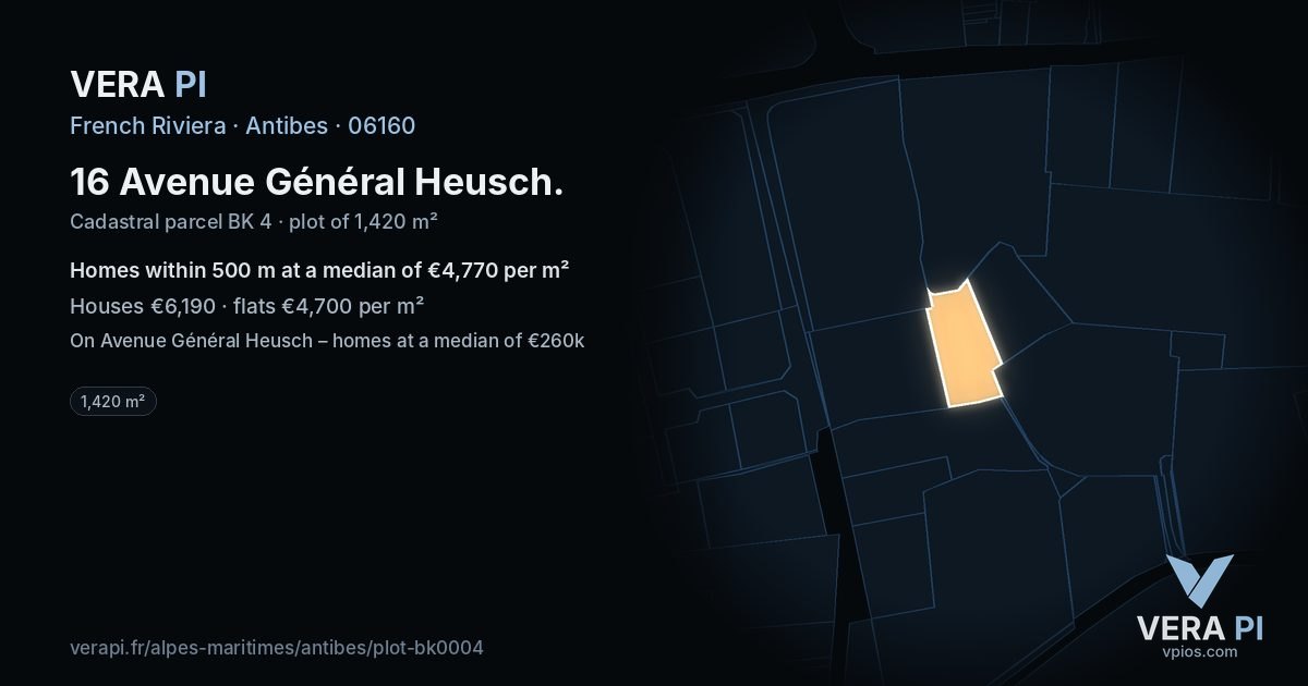 16 Avenue Général Heusch, Antibes at night – the plot lit, the parcels around coloured by the prices near them