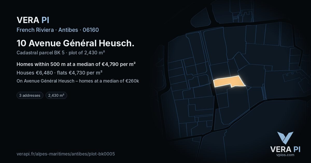 10 Avenue Général Heusch, Antibes at night – the plot lit, the parcels around coloured by the prices near them