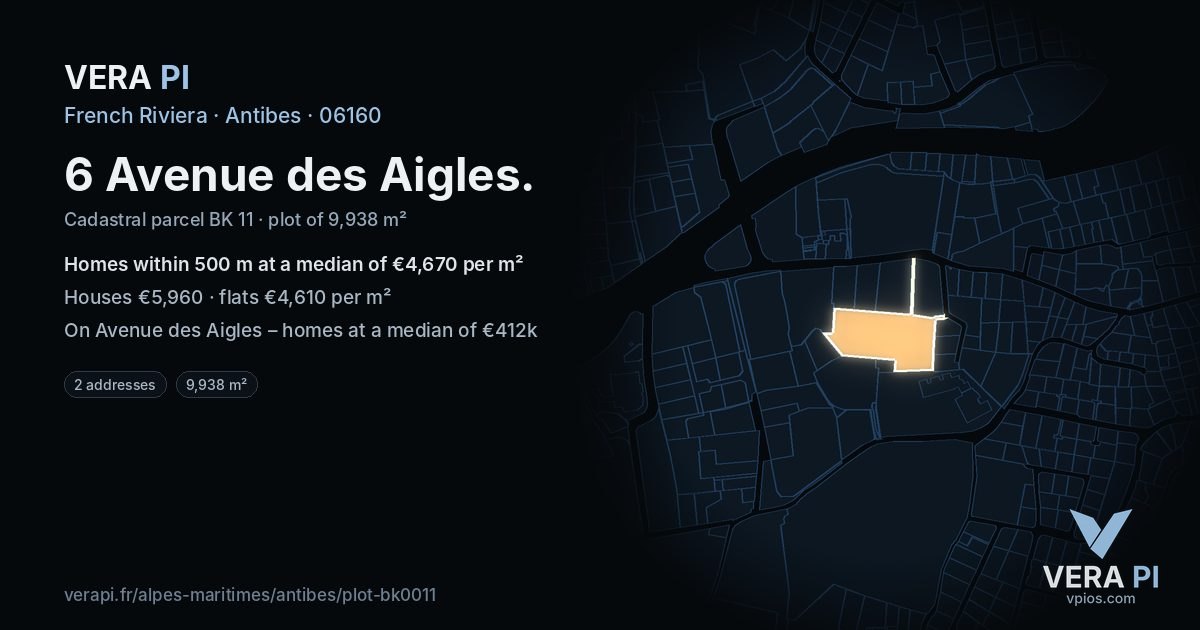 6 Avenue des Aigles, Antibes at night – the plot lit, the parcels around coloured by the prices near them