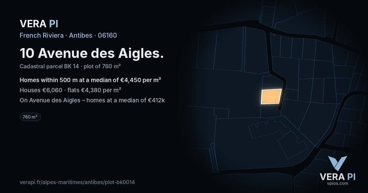 10 Avenue des Aigles, Antibes at night – the plot lit, the parcels around coloured by the prices near them
