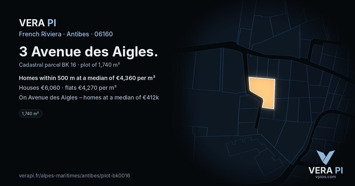 3 Avenue des Aigles, Antibes at night – the plot lit, the parcels around coloured by the prices near them