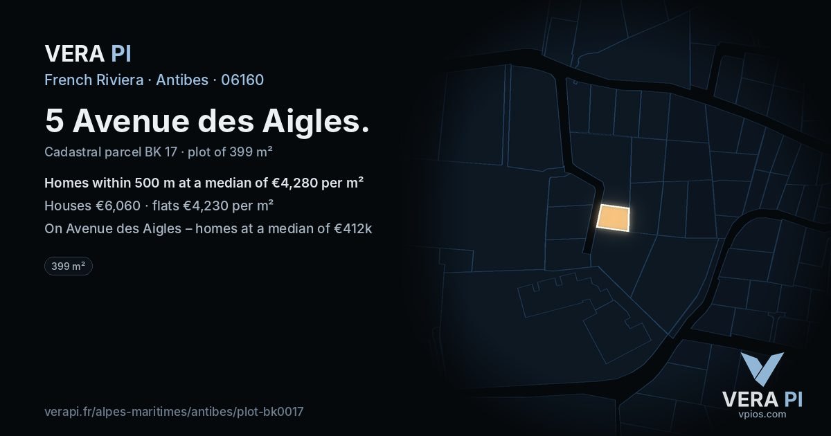 5 Avenue des Aigles, Antibes at night – the plot lit, the parcels around coloured by the prices near them