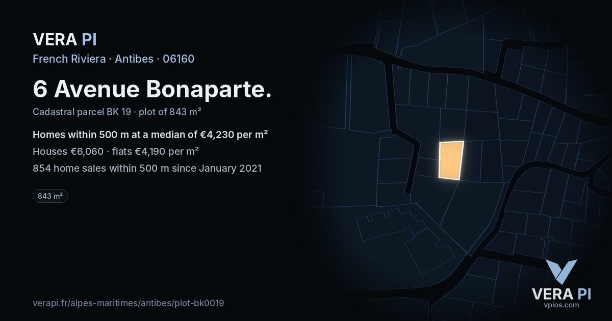 6 Avenue Bonaparte, Antibes at night – the plot lit, the parcels around coloured by the prices near them