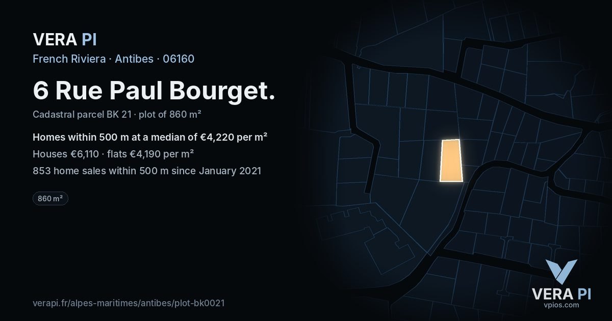 6 Rue Paul Bourget, Antibes at night – the plot lit, the parcels around coloured by the prices near them