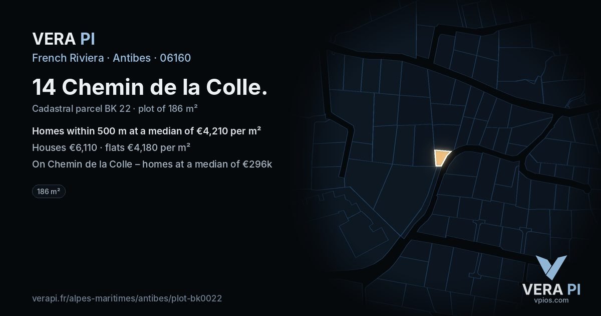14 Chemin de la Colle, Antibes at night – the plot lit, the parcels around coloured by the prices near them