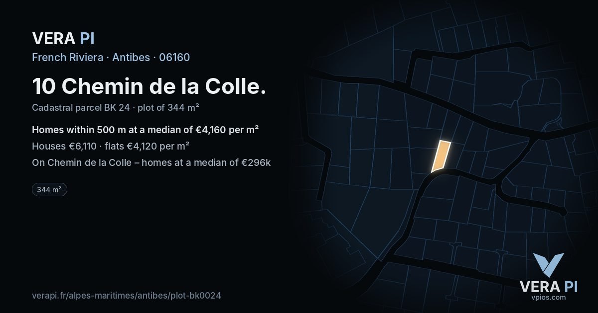 10 Chemin de la Colle, Antibes at night – the plot lit, the parcels around coloured by the prices near them