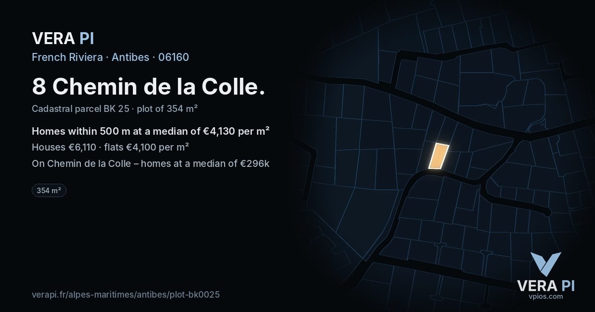 8 Chemin de la Colle, Antibes at night – the plot lit, the parcels around coloured by the prices near them