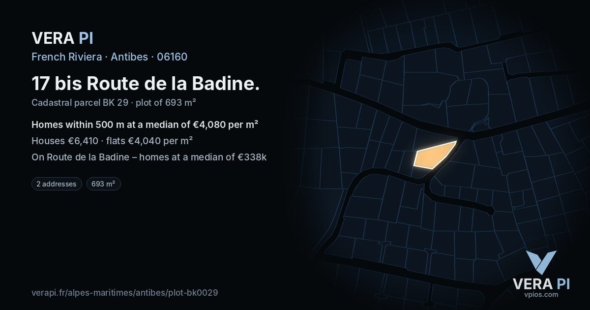 17 bis Route de la Badine, Antibes at night – the plot lit, the parcels around coloured by the prices near them