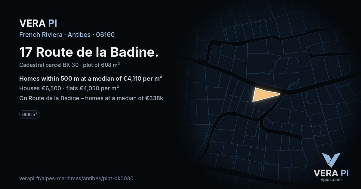 17 Route de la Badine, Antibes at night – the plot lit, the parcels around coloured by the prices near them