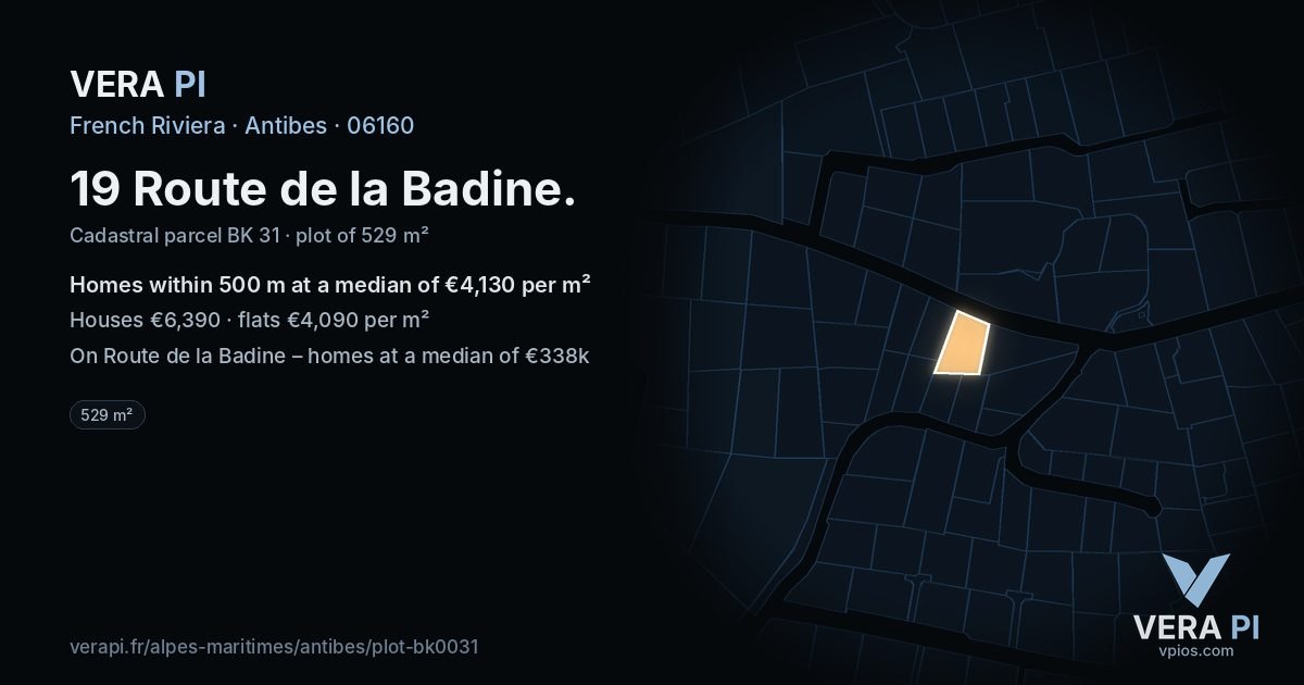 19 Route de la Badine, Antibes at night – the plot lit, the parcels around coloured by the prices near them