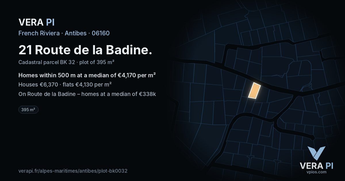 21 Route de la Badine, Antibes at night – the plot lit, the parcels around coloured by the prices near them