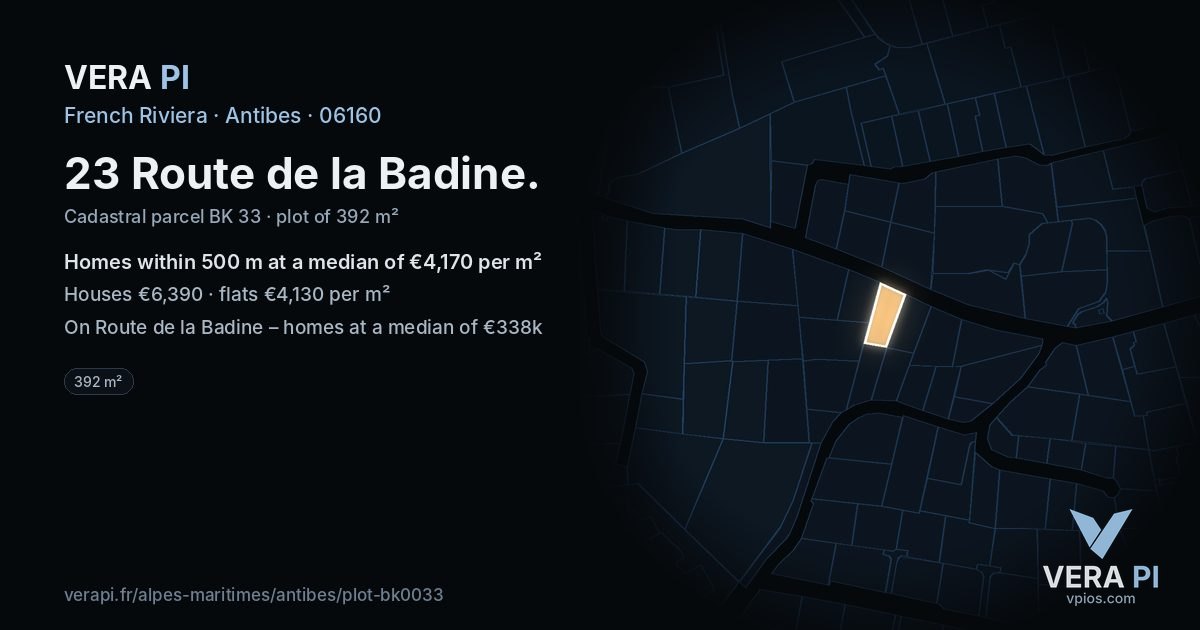 23 Route de la Badine, Antibes at night – the plot lit, the parcels around coloured by the prices near them