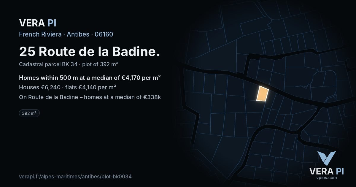 25 Route de la Badine, Antibes at night – the plot lit, the parcels around coloured by the prices near them
