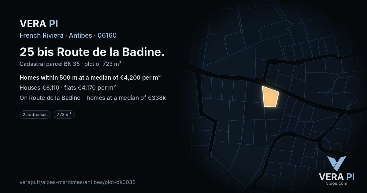 25 bis Route de la Badine, Antibes at night – the plot lit, the parcels around coloured by the prices near them