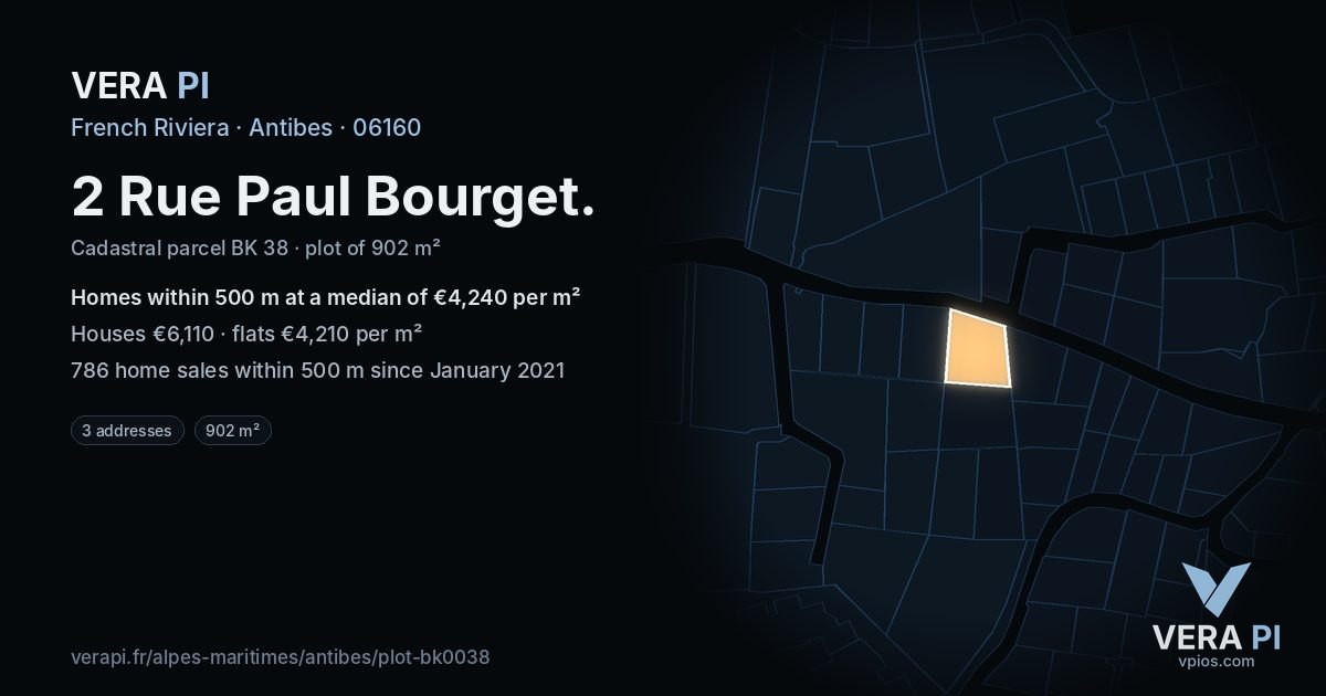 2 Rue Paul Bourget, Antibes at night – the plot lit, the parcels around coloured by the prices near them
