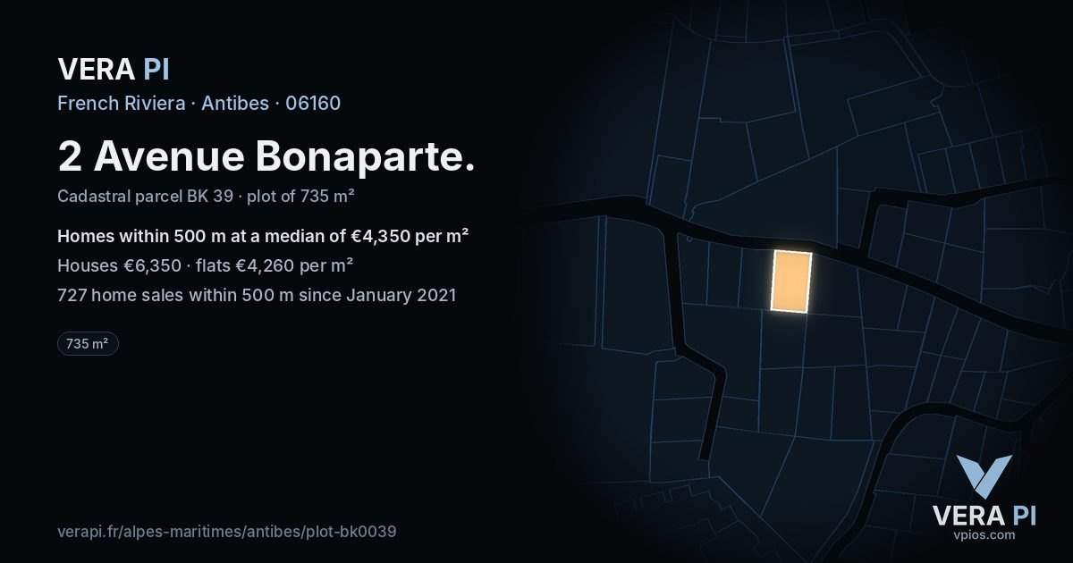 2 Avenue Bonaparte, Antibes at night – the plot lit, the parcels around coloured by the prices near them