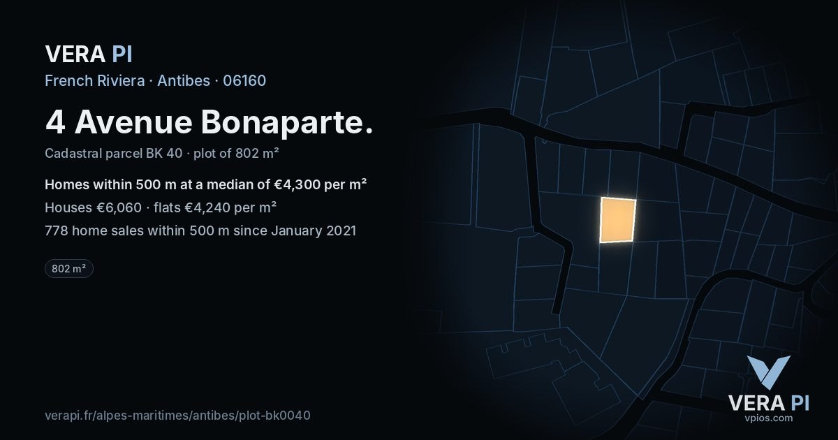 4 Avenue Bonaparte, Antibes at night – the plot lit, the parcels around coloured by the prices near them