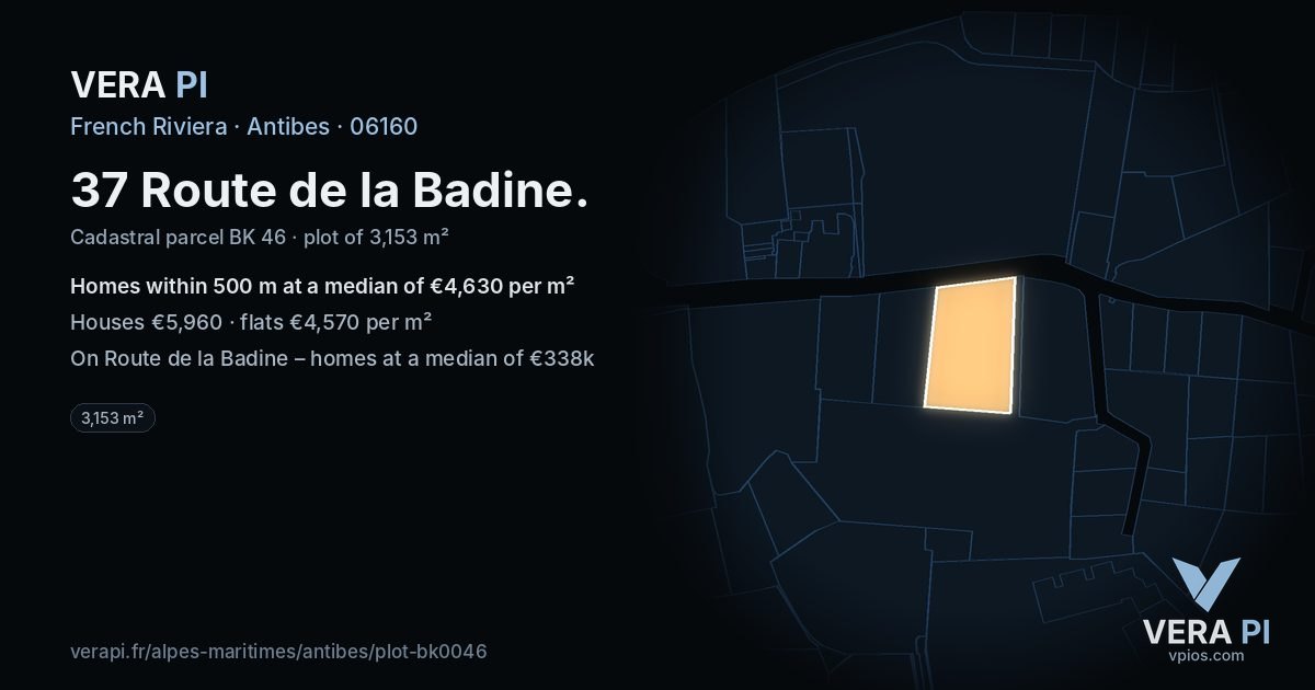 37 Route de la Badine, Antibes at night – the plot lit, the parcels around coloured by the prices near them
