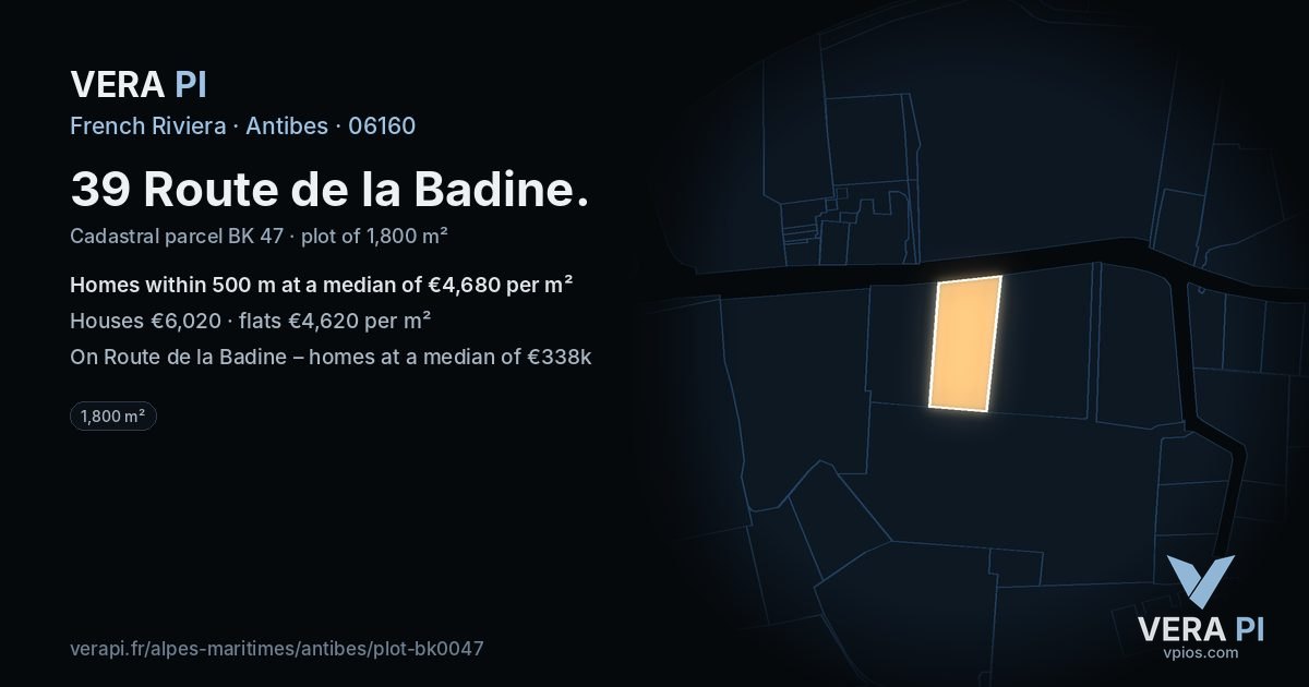39 Route de la Badine, Antibes at night – the plot lit, the parcels around coloured by the prices near them