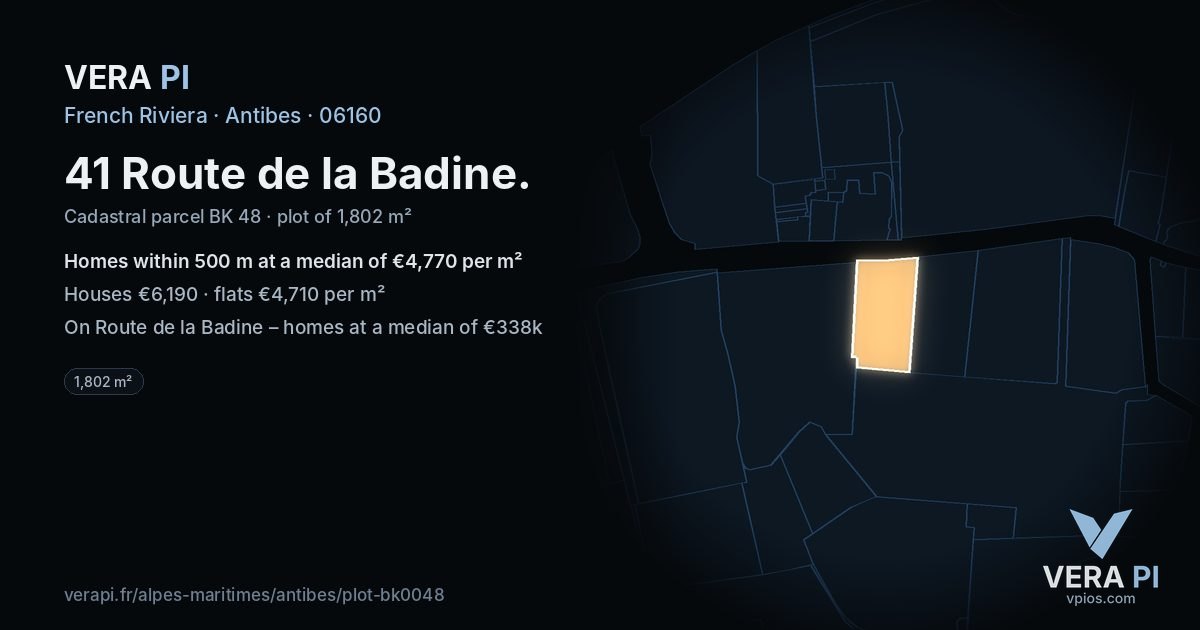 41 Route de la Badine, Antibes at night – the plot lit, the parcels around coloured by the prices near them