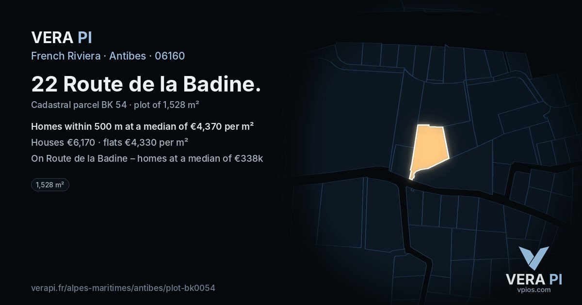 22 Route de la Badine, Antibes at night – the plot lit, the parcels around coloured by the prices near them