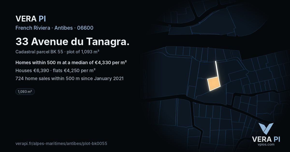 33 Avenue du Tanagra, Antibes at night – the plot lit, the parcels around coloured by the prices near them