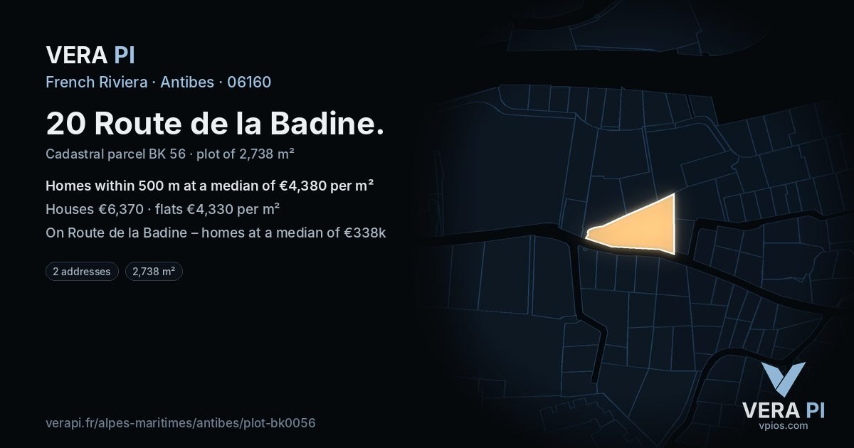 20 Route de la Badine, Antibes at night – the plot lit, the parcels around coloured by the prices near them