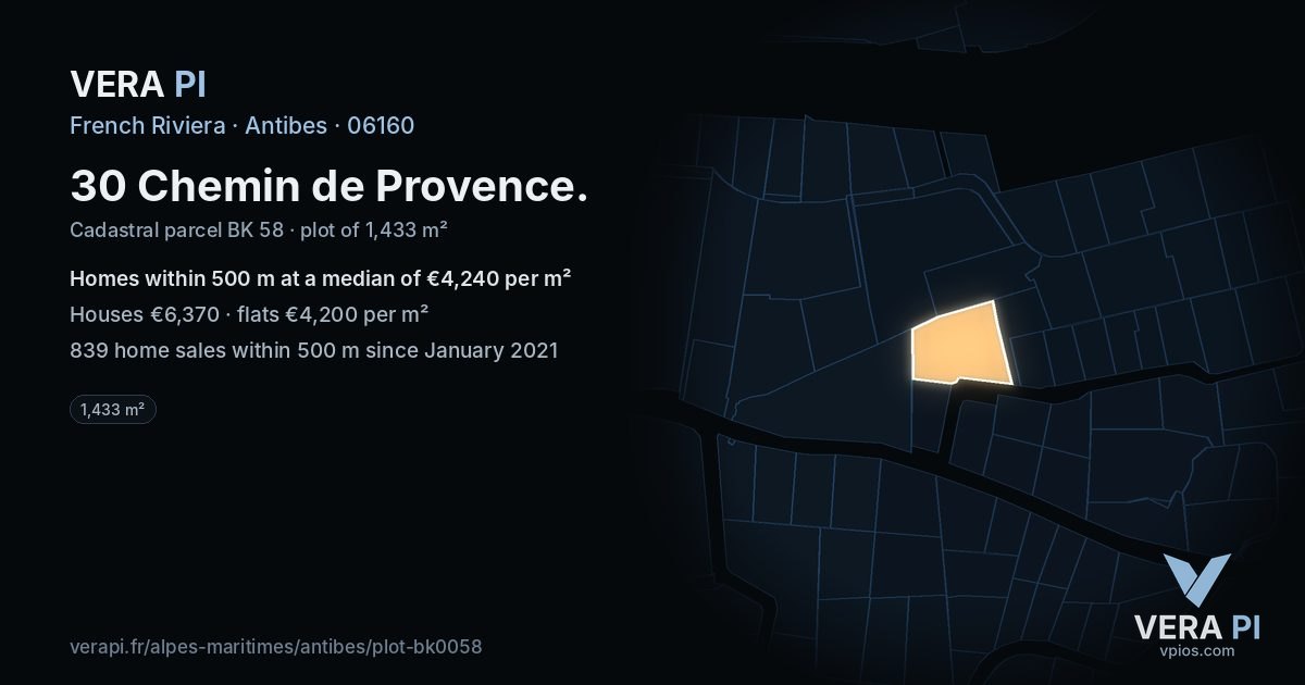 30 Chemin de Provence, Antibes at night – the plot lit, the parcels around coloured by the prices near them