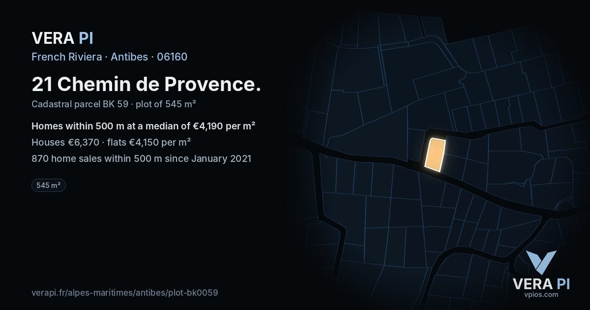 21 Chemin de Provence, Antibes at night – the plot lit, the parcels around coloured by the prices near them