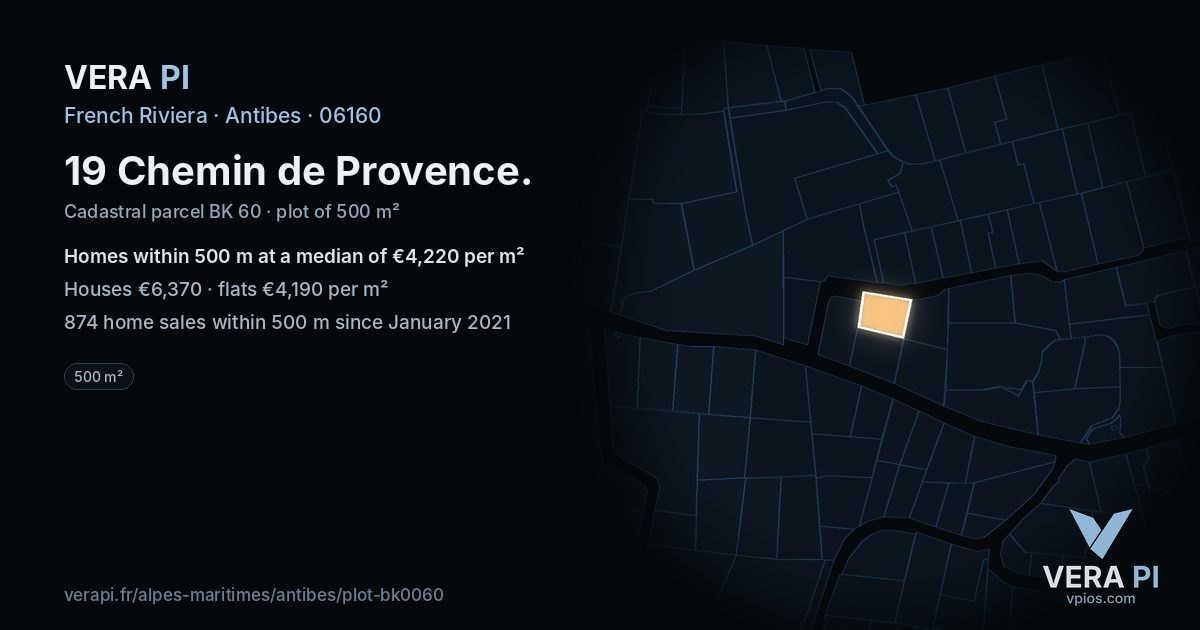19 Chemin de Provence, Antibes at night – the plot lit, the parcels around coloured by the prices near them