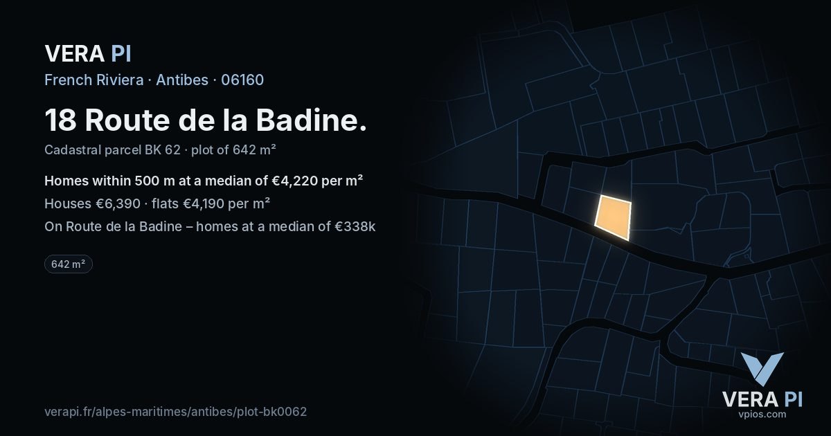 18 Route de la Badine, Antibes at night – the plot lit, the parcels around coloured by the prices near them