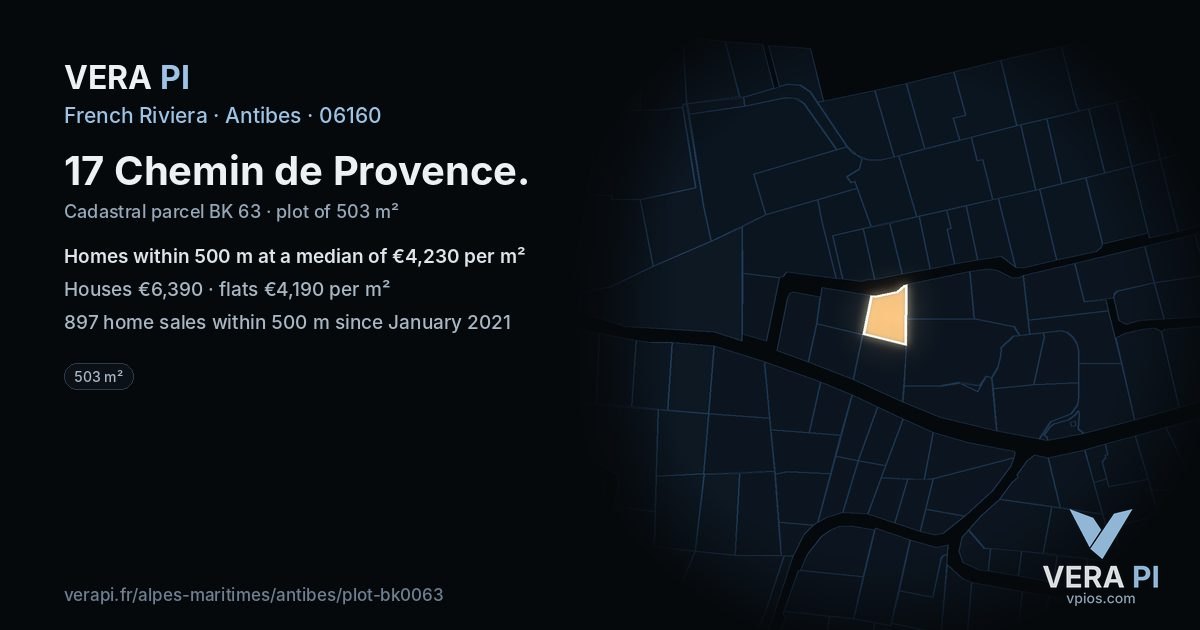 17 Chemin de Provence, Antibes at night – the plot lit, the parcels around coloured by the prices near them