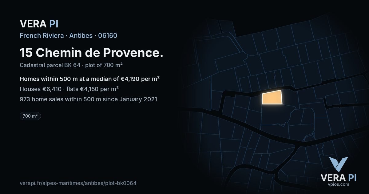15 Chemin de Provence, Antibes at night – the plot lit, the parcels around coloured by the prices near them