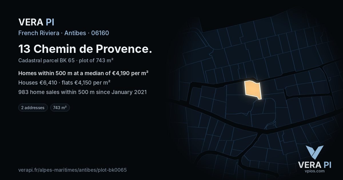13 Chemin de Provence, Antibes at night – the plot lit, the parcels around coloured by the prices near them