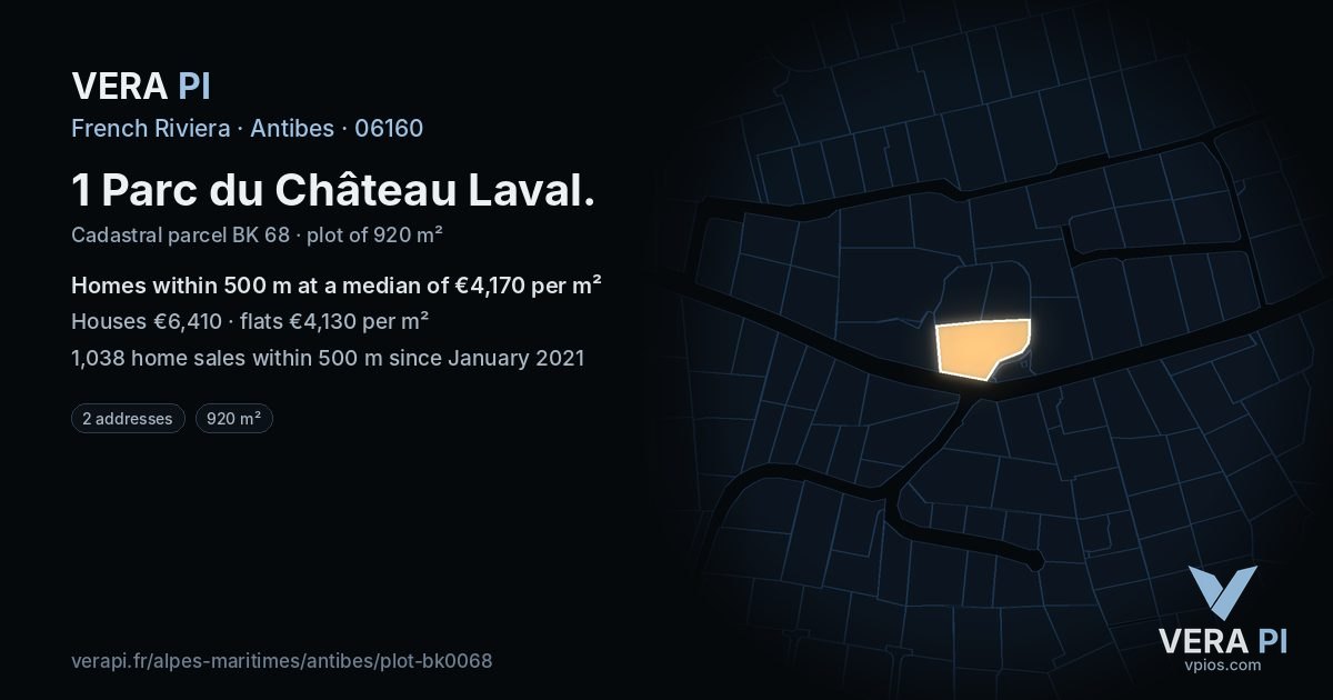 1 Parc du Château Laval, Antibes at night – the plot lit, the parcels around coloured by the prices near them