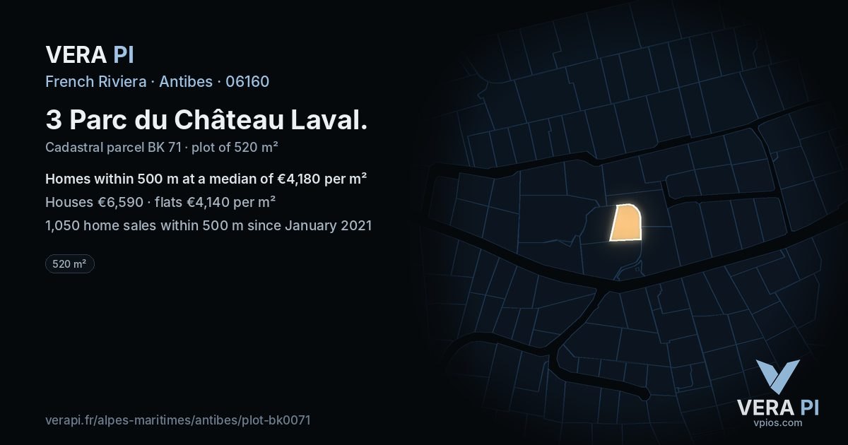 3 Parc du Château Laval, Antibes at night – the plot lit, the parcels around coloured by the prices near them
