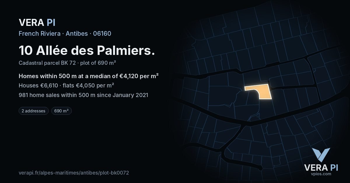 10 Allée des Palmiers, Antibes at night – the plot lit, the parcels around coloured by the prices near them