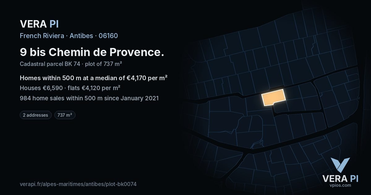 9 bis Chemin de Provence, Antibes at night – the plot lit, the parcels around coloured by the prices near them